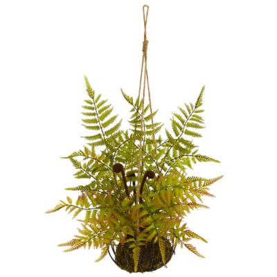 Nearly Natural Artificial 21 in. Fern Plant in Metal Hanging Basket
