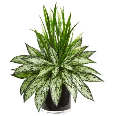 Nearly Natural 20 in. Artificial Silver Queen and Grass Plant in Black Vase