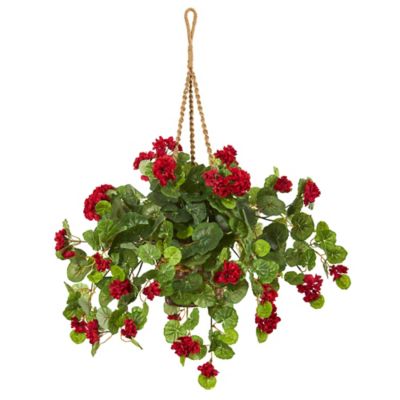 Nearly Natural 27 in. Artificial Geranium Plant in Hanging Basket