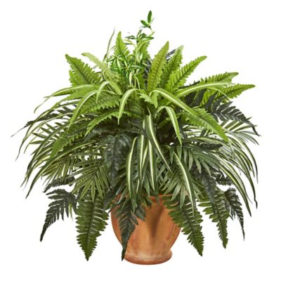 Nearly Natural 23 in. Artificial Mixed Greens and Fern Plant in Terra Cotta Planter