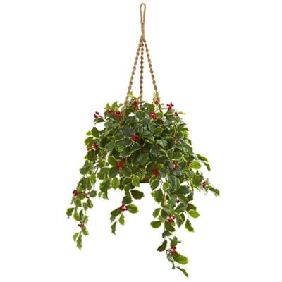 Nearly Natural Artificial 40 in. Variegated Holly with Berries Plant in Hanging Basket, Real Touch