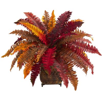 Nearly Natural 18 in. Artificial Autumn Boston Fern Plant in Metal Planter