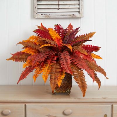Image showing  18 in. Artificial Autumn Boston Fern Plant in Metal Planter