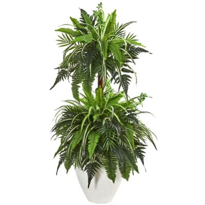 Nearly Natural 44 in. Artificial Mixed Greens and Fern Plant in White Planter