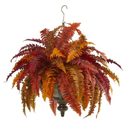 Nearly Natural 28 in. Artificial Autumn Boston Fern Plant in Hanging Metal Bowl