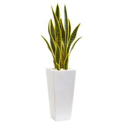 Nearly Natural 3 ft. Artificial Sansevieria Plant in White Planter