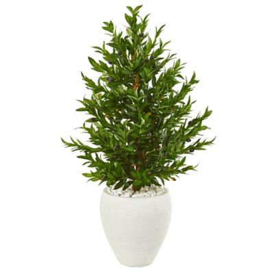 Nearly Natural 3.5 ft. Artificial Olive Cone Topiary Tree in White Planter, UV Resistant, Indoor/Outdoor