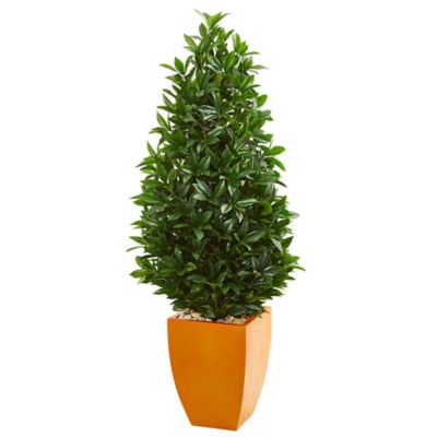 Nearly Natural 57 in. Artificial Bay Leaf Topiary Tree in Orange Planter, UV Resistant, Indoor/Outdoor