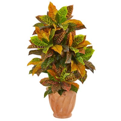 Nearly Natural 40 in. Artificial Croton Plant in Terracotta Planter, Real Touch
