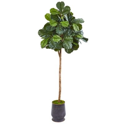 Nearly Natural Artificial 80 in. Fiddle Leaf Fig Tree in Ribbed Metal Planter