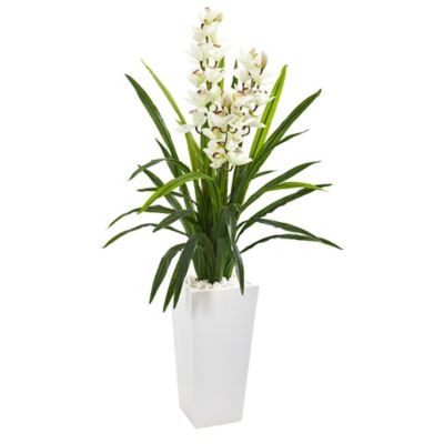 Nearly Natural 4.5 ft. Artificial Cymbidium Orchid Plant in White Tower Planter