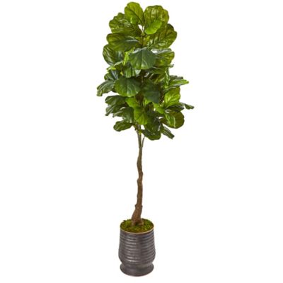 Nearly Natural 69 in. Artificial Fiddle Leaf Tree in Ribbed Metal Planter, Real Touch