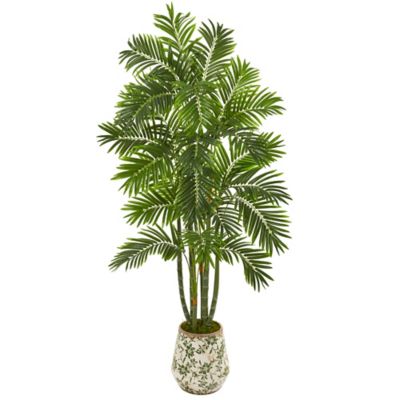 Nearly Natural 6 ft. Artificial Areca Palm Tree in Vintage Green Floral Planter