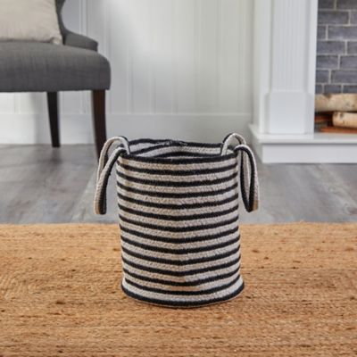 Image showing  13 in. Boho Chic Basket Planter Natural Cotton, Handwoven Black and White Stripe with Handles