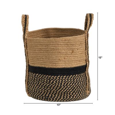 Image showing  Boho Chic Basket Natural Jute Basket Planter, 13 in., Black Bottom Natural Top with Handles