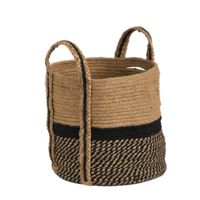 Image showing  Boho Chic Basket Natural Jute Basket Planter, 13 in., Black Bottom Natural Top with Handles