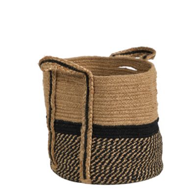 Image showing  Boho Chic Basket Natural Jute Basket Planter, 13 in., Black Bottom Natural Top with Handles