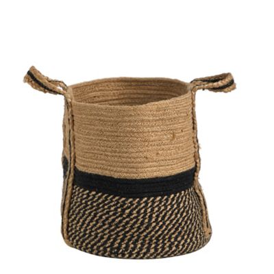 Image showing  Boho Chic Basket Natural Jute Basket Planter, 13 in., Black Bottom Natural Top with Handles