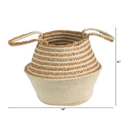 Image showing  14in. Boho Chic Belly Basket Natural Jute and Cotton Basket Planter, Cream Cotton Bottom Natural Top with Handles