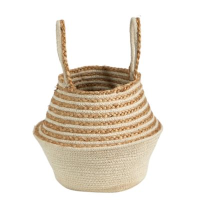 Image showing  14in. Boho Chic Belly Basket Natural Jute and Cotton Basket Planter, Cream Cotton Bottom Natural Top with Handles