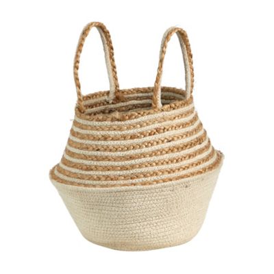 Image showing  14in. Boho Chic Belly Basket Natural Jute and Cotton Basket Planter, Cream Cotton Bottom Natural Top with Handles