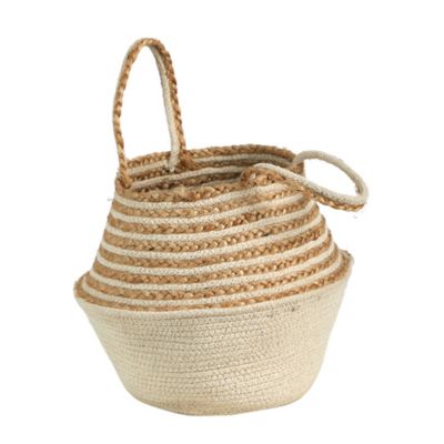 Image showing  14in. Boho Chic Belly Basket Natural Jute and Cotton Basket Planter, Cream Cotton Bottom Natural Top with Handles