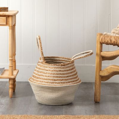 Image showing 5 th Nearly Natural 14in. Boho Chic Belly Basket Natural Jute and Cotton Basket Planter, Cream Cotton Bottom Natural Top with Handles