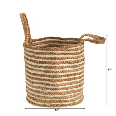 Image showing  14 in. Boho Chic Basket Planter Natural Cotton and Jute, Handwoven Stripe with Handles