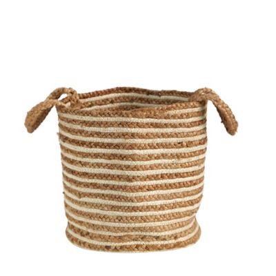 Image showing  14 in. Boho Chic Basket Planter Natural Cotton and Jute, Handwoven Stripe with Handles