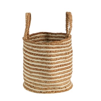 Image showing  14 in. Boho Chic Basket Planter Natural Cotton and Jute, Handwoven Stripe with Handles