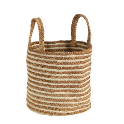 Image showing  14 in. Boho Chic Basket Planter Natural Cotton and Jute, Handwoven Stripe with Handles