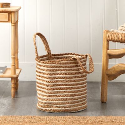 Image showing 5 th Nearly Natural 14 in. Boho Chic Basket Planter Natural Cotton and Jute, Handwoven Stripe with Handles