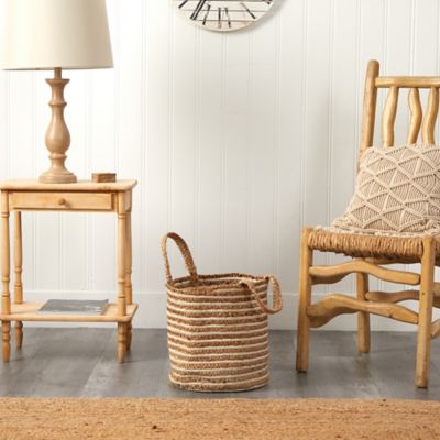 Image showing 6 th Nearly Natural 14 in. Boho Chic Basket Planter Natural Cotton and Jute, Handwoven Stripe with Handles