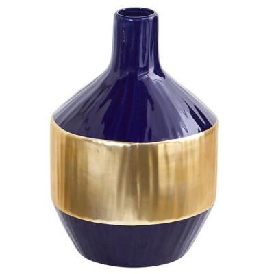 Nearly Natural 9 in. Lux Blue Ceramic Vase with Gold Band