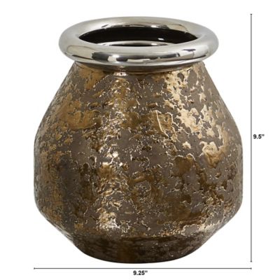 Image showing  9.5 in. Textured Bronze Vase with Silver Rim