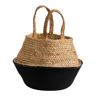 Image showing  14 in. Boho Chic Handmade Cotton & Jute Black Woven Basket Planter