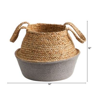 Image showing  14 in. Boho Chic Handmade Cotton & Jute Gray Woven Basket Planter