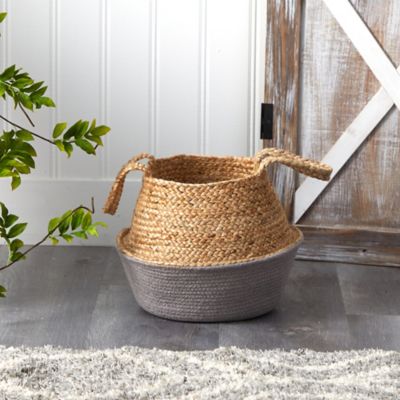 Image showing  14 in. Boho Chic Handmade Cotton & Jute Gray Woven Basket Planter