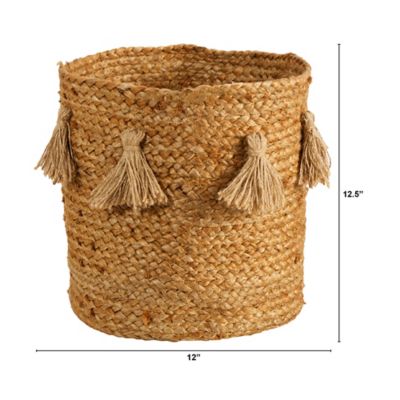 Image showing  12.5 in. Boho Chic Natural Hand-Woven Jute Basket Planter with Tassels