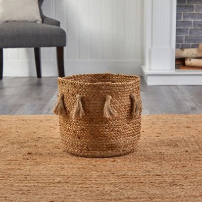 Image showing  12.5 in. Boho Chic Natural Hand-Woven Jute Basket Planter with Tassels