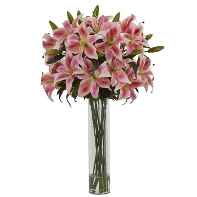 Nearly Natural 34 in. Artificial Rubrum Lily Arrangement in Cylinder Vase