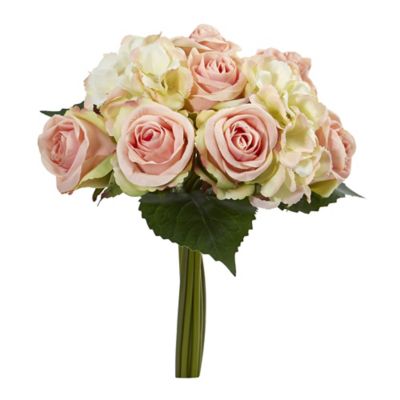 Nearly Natural 12 in. Artificial Rose and Hydrangea Bouquet Flower, 6 pc.
