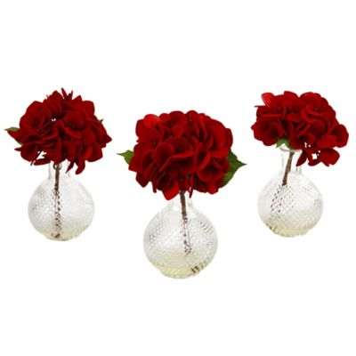 Nearly Natural 12 in. Artificial Red Hydrangea Plant with Glass Vase, 3 pc.