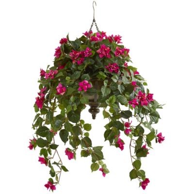 Nearly Natural 37 in. Artificial Bougainvillea Plant in Hanging Metal Bowl