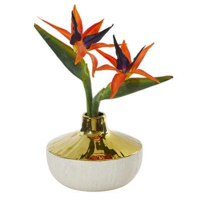 Nearly Natural 14 in. Artificial Bird of Paradise Arrangement in Gold and Cream Elegant Vase