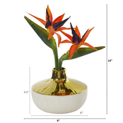 Image showing 1 th Nearly Natural 14 in. Artificial Bird of Paradise Arrangement in Gold and Cream Elegant Vase
