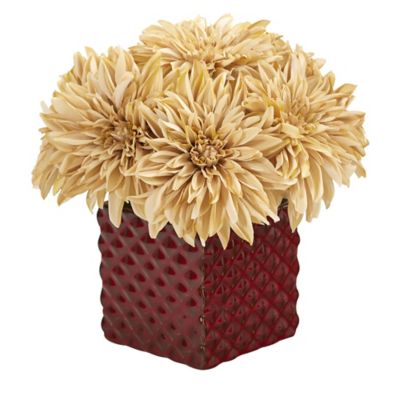 Image showing  11 in. Artificial Dahlia Arrangement in Red Ceramic Cube