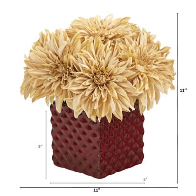 Image showing  11 in. Artificial Dahlia Arrangement in Red Ceramic Cube