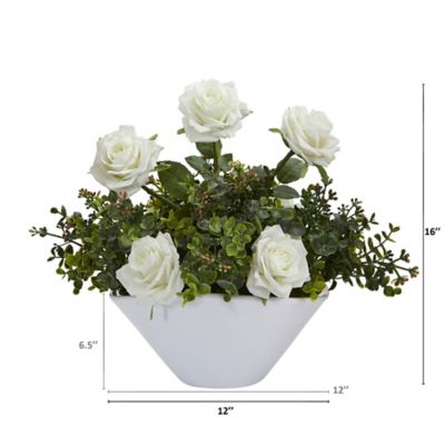 Image showing  16 in. Artificial Roses and Eucalyptus Arrangement in White Vase