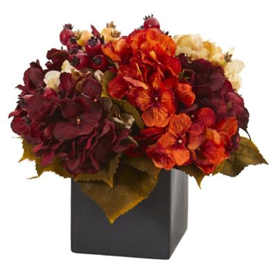 Nearly Natural 12 in. Artificial Autumn Hydrangea Berry Arrangement in Black Vase